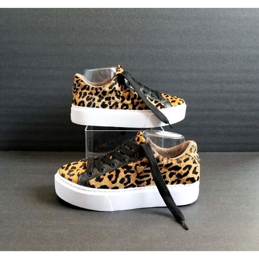 NATALY MENDEZ Brown Leopard Sneakers Sz 37 7 Lace Up Leather Calf Hair - Picture 5 of 15